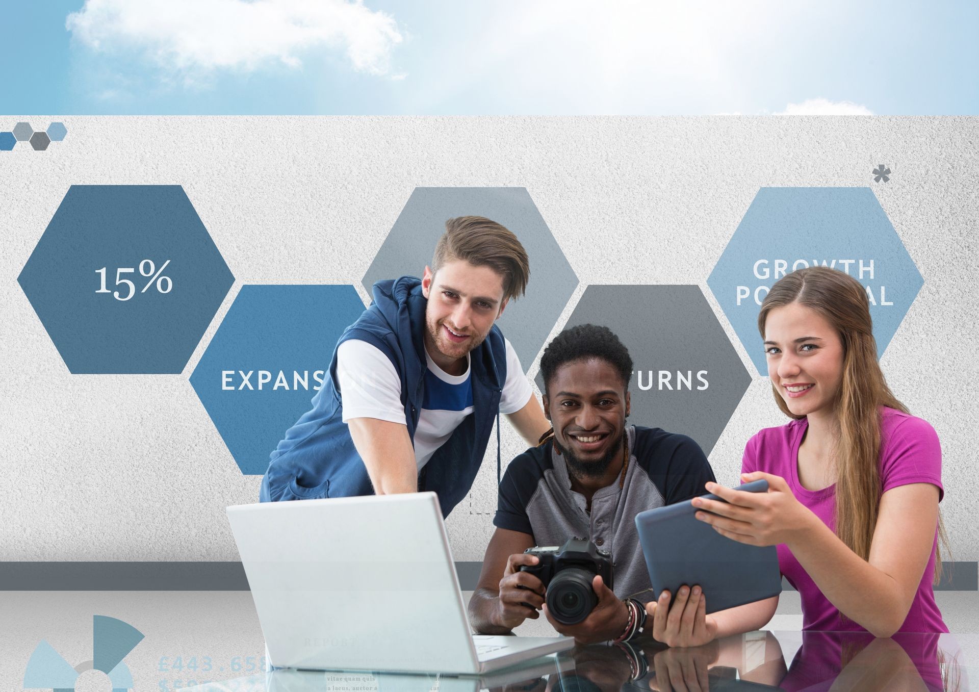 Digital composite of Group of young people on computer with camera in front of business graphics